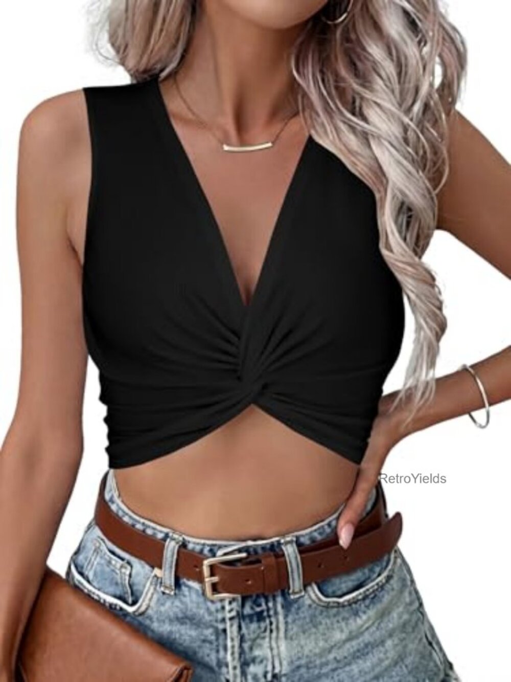 V Neck Twist Front Sleeveless Ribbed Knit Tank Crop Top Slim Fit